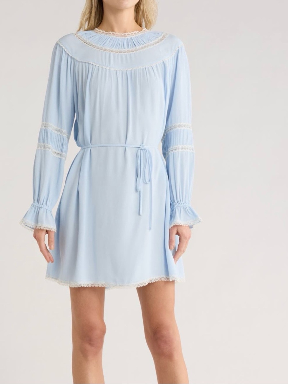Wayf Light Blue Lace-Trim Long Sleeve Midi Dress